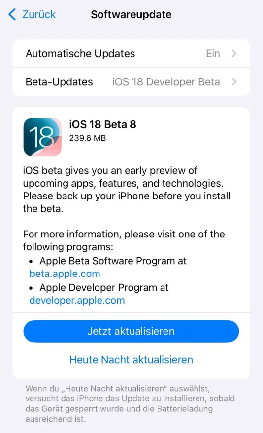 曲周苹果手机维修分享苹果 iOS / iPadOS 18 开发者预览版 Beta 8 发布 